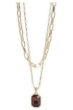 A&C Oslo Grace dubbele ketting – bordeauxrode facetgeslepen hanger, verguld (45–50 cm)