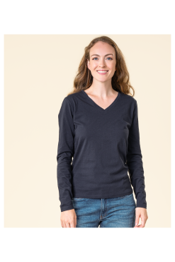 Donkerblauw dames shirt met V-hals en lange mouwen van biologisch katoen in zachte single jersey – vegan, GOTS-gecertificeerd en CO₂-gecompenseerd