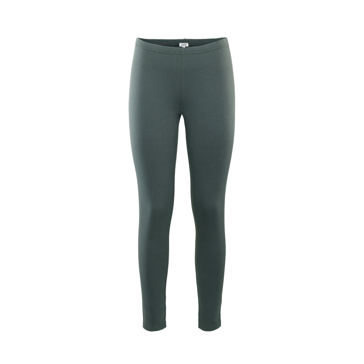 Khaki dameslegging van biologisch katoen met geborstelde binnenkant, slim fit pasvorm, elastische tailleband en dubbelgestikte zoom – vegan en GOTS-gecertificeerd