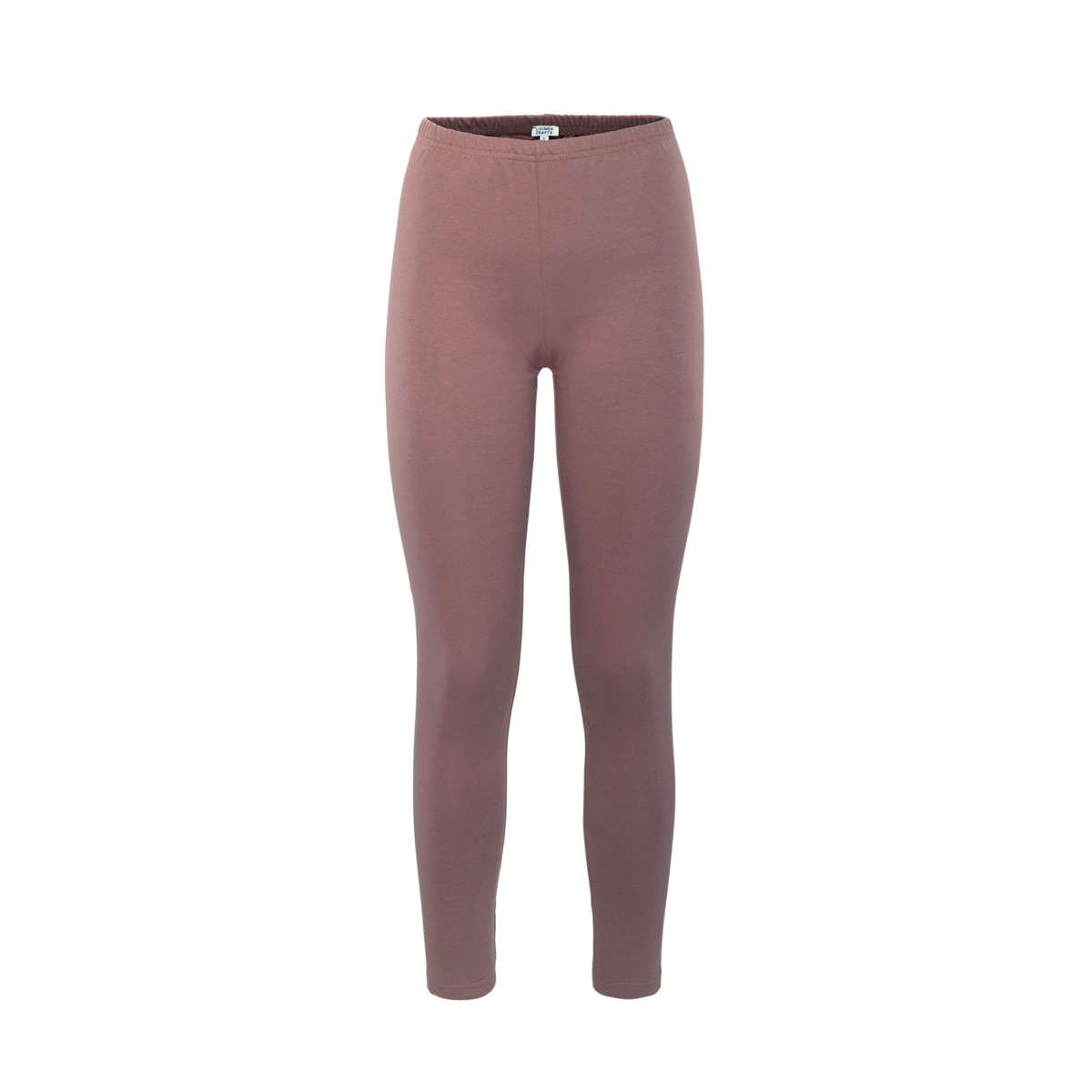 Dameslegging van biologisch katoen in warme goudbruine tint Raw Sienna, met geborstelde binnenkant, elastische tailleband en slim fit pasvorm – duurzaam, vegan en GOTS-gecertificeerd
