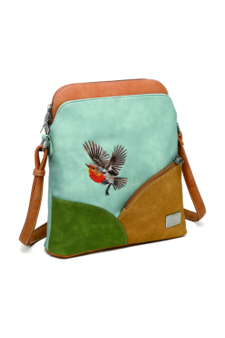 Hi-di-hi Whistle schoudertas lichtblauw oranje groen peach met geborduurd roodborstje in volle vlucht, ruime vegan schoudertas geschikt voor A4-documenten en tablet met veel opbergvakken.