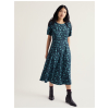Seasalt Tilly jurk Nasturtium Press Eucalyptus in donkerblauw met eucalyptusgroene botanische print, korte mouwen en zwierige midirok.