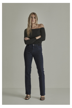Para Mi Angie Elastic Pure Indigo damesjeans met hoge taille, slim fit en rechte donkerblauwe pijpen.